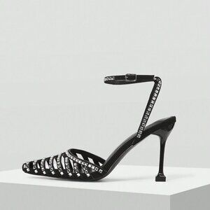 Black Glamorous Women's Rhinestone Buckle High Heel Shoes